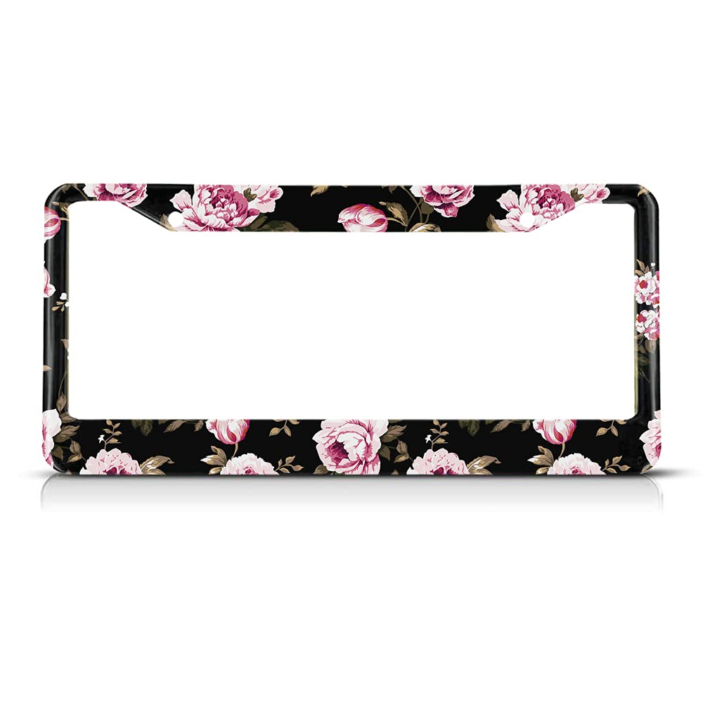 Beabes Vintage Flowers License Plate Frame Retro Rose Peony Novelty License Plate Frame Floral Blossom License Plate Car Tag Holder Metal License