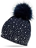 stylische Damen Mütze mit großem Fellbommel und Strass / Perlen Dekor auf der Vorderseite