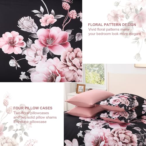 Image of Floral King Size Comforter Set - 7 Piece Botanical Black and Pink Bed in a Bag Ulter Soft Microfiber Bedding Set, Lightweight Bed Comforter Set with Sheets for All Season (Black, King)