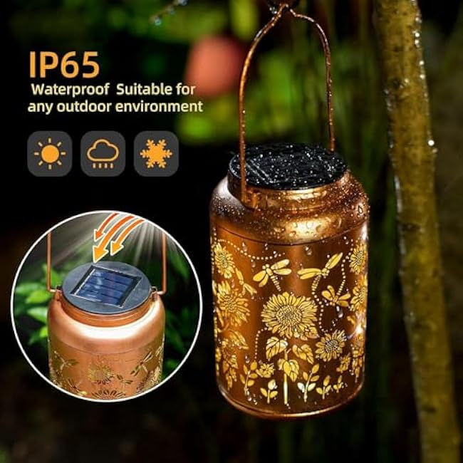 Outdoor Hanging Solar Lights , Solar Lanterns Outdoor Waterproof, Dragonfly Sunflower Garden Decor for Porch, Yard, Deck, Lawn, Backyard, Patio, Tabletop, Pathway, Landscape