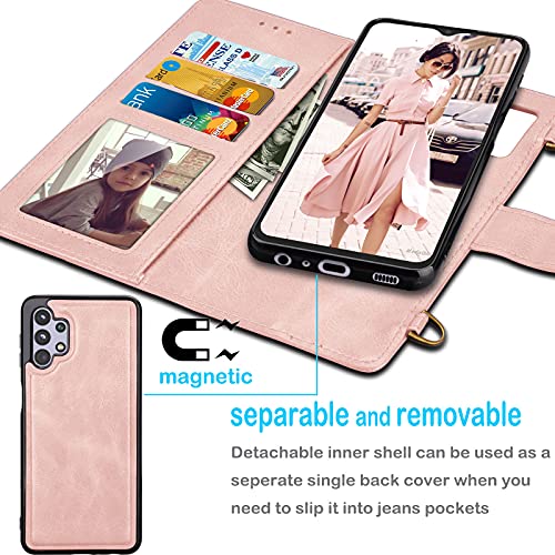 Tekcoo Galaxy A32 5G Wallet Case, Crossbody Shoulder Carrying Purse Cover With Rfid Blocking Card Slots Holder Flip Pu Leather [Detachable Magnetic Hard Case] For Samsung Galaxy A32 5G [Rose Gold] #TOP4