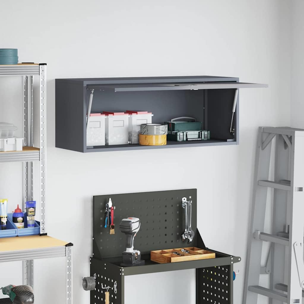 Armario de pared para garaje con elevador a presión de gas, puerta antracita, acero recubierto de polvo, 33 x 90 x 35 cm, con cerradura, espacio para herramientas, oficina, salón, pasillo