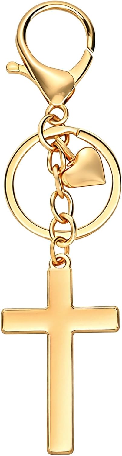 Snycler Gold Cross Keychain with Rhinestone Heart Charm, Bag Charm Pendant Purse Accessories for Women