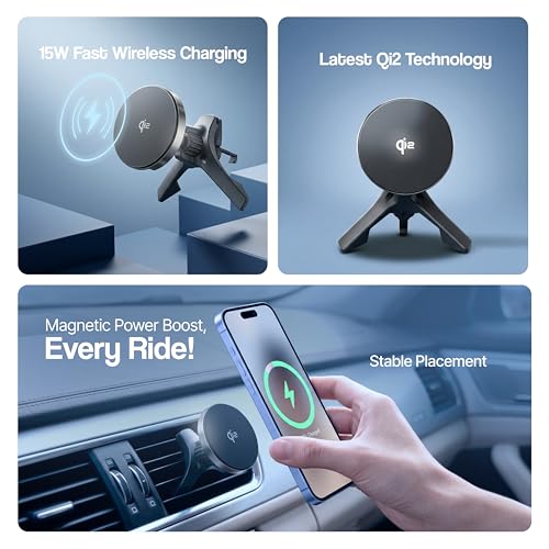 Image of Ambrane Qi2 Magsafe Car Charger, 2-in-1 Purpose: Car Charger & Mobile Stand, Perfect for Daily Commute or Long Travels, 15W Fast Wireless Charging, Attaches onto Air Vents (AerosynQ 3, Black)