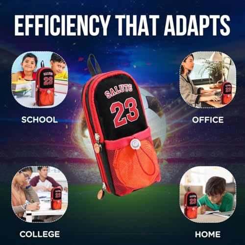 Image of DEOXY Polyester Large Capacity Pencil Pouch with 3 Zippers & 5 Compartments - Waterproof Standing Pencil Case with Metal Zipper + Football Charm & Coin Pouch (Idol), red