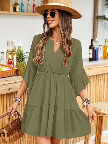 Image of Womens Spring Summer Mini Dress Western Ruffled Sleeve Chiffon V Neck Flowy A Line Short Wedding Guest Party Dresses
