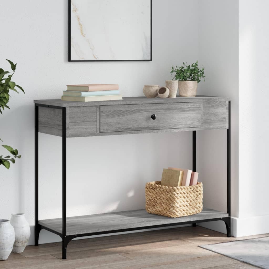 SXZenSpace Console Table Grey Sonoma 100x34.5x75 cm, Engineered Wood & Metal Frame, Slim Sofa Side or Hallway for Living Room, Corridor and Bedroom
