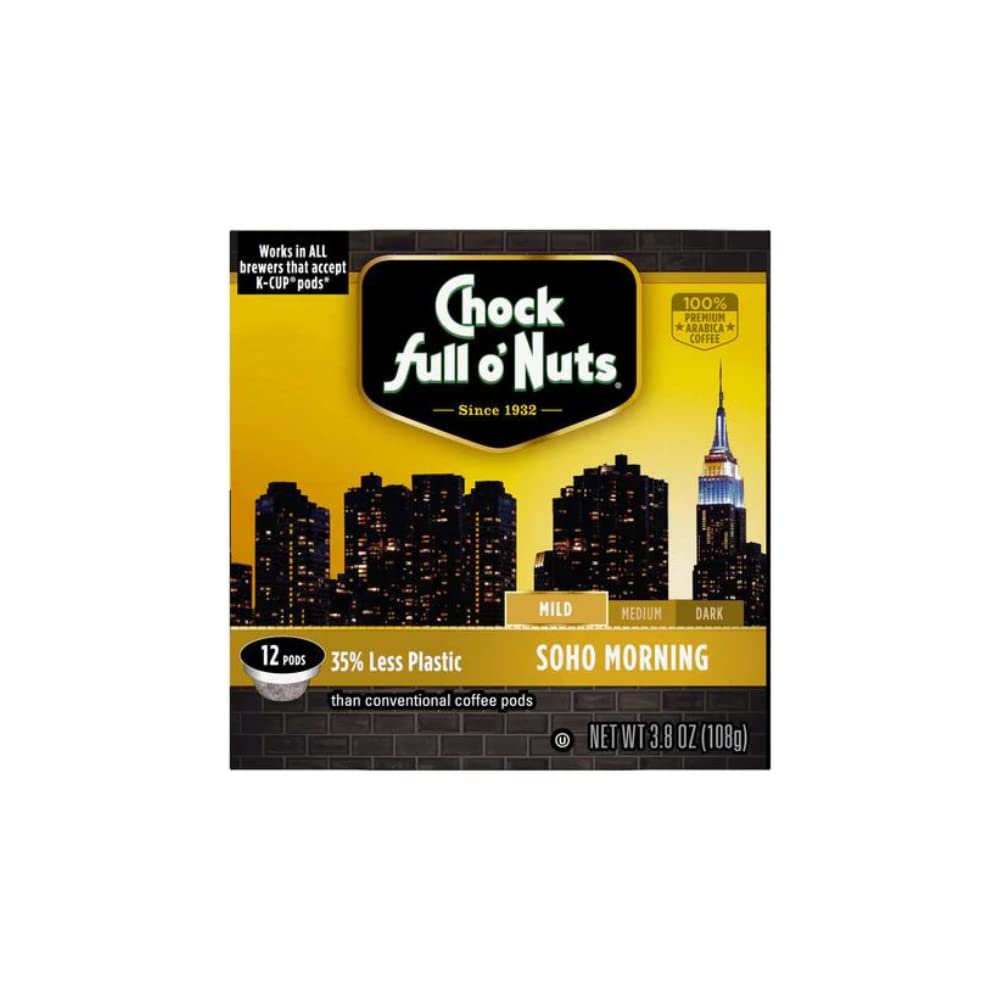 Chock Full o’Nuts Soho Morning, Mild Roast K-Cups – Compatible with Keurig Pods K-Cup Brewers (1 Pack of 12 Single-Serve Cups)
