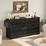 LIKIMIO Dresser for Bedroom 6 Drawer with Charging Station, TV Stand Storage Chest of Drawers for Living Room Hallway Entryway, MDF Board, 59 Inches Charcoal Grey