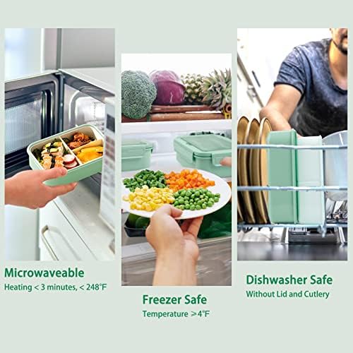 Cooja Bento Lunch Box Adults Kids with 3 Compartments, 1400ML Lunchbox Lunch Containers for Work Leak-Proof Sandwich Box Microwave Safe Built in Cutlery Set Spoon & Fork, Light Green
