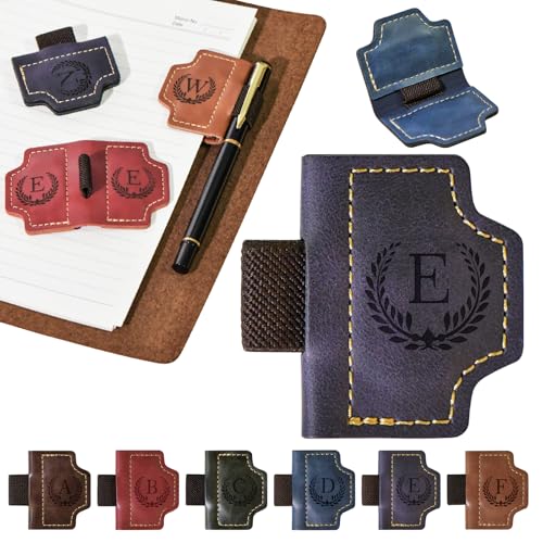 Personalized Magnetic Leather Bookmark with Pen Holder, 26 Letters Magnetic Leather Book Mark, for Readers, Travelers, Teachers, Book Lovers Gifts, Notebook Accessories (Purple, E)