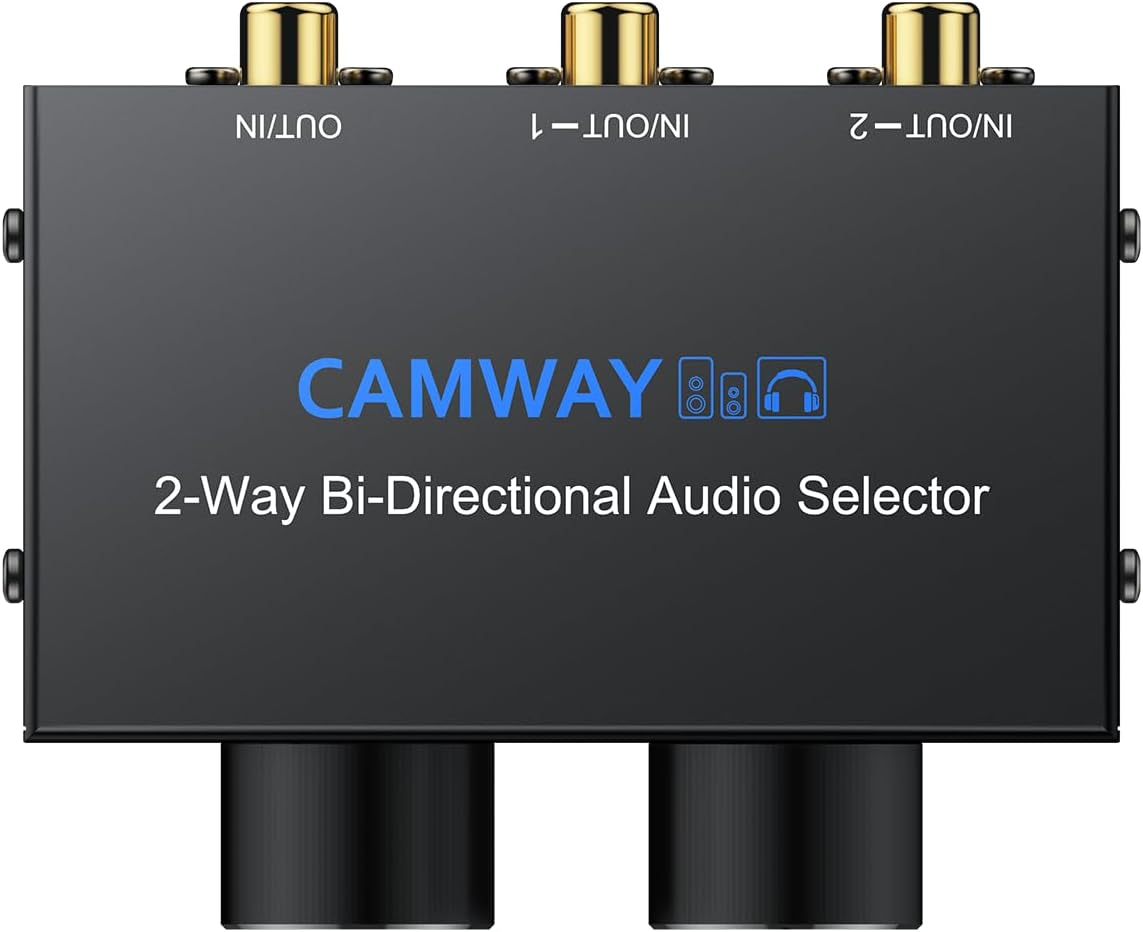 Package contents of CAMWAY audio switcher including the device, RCA cable, and user manual