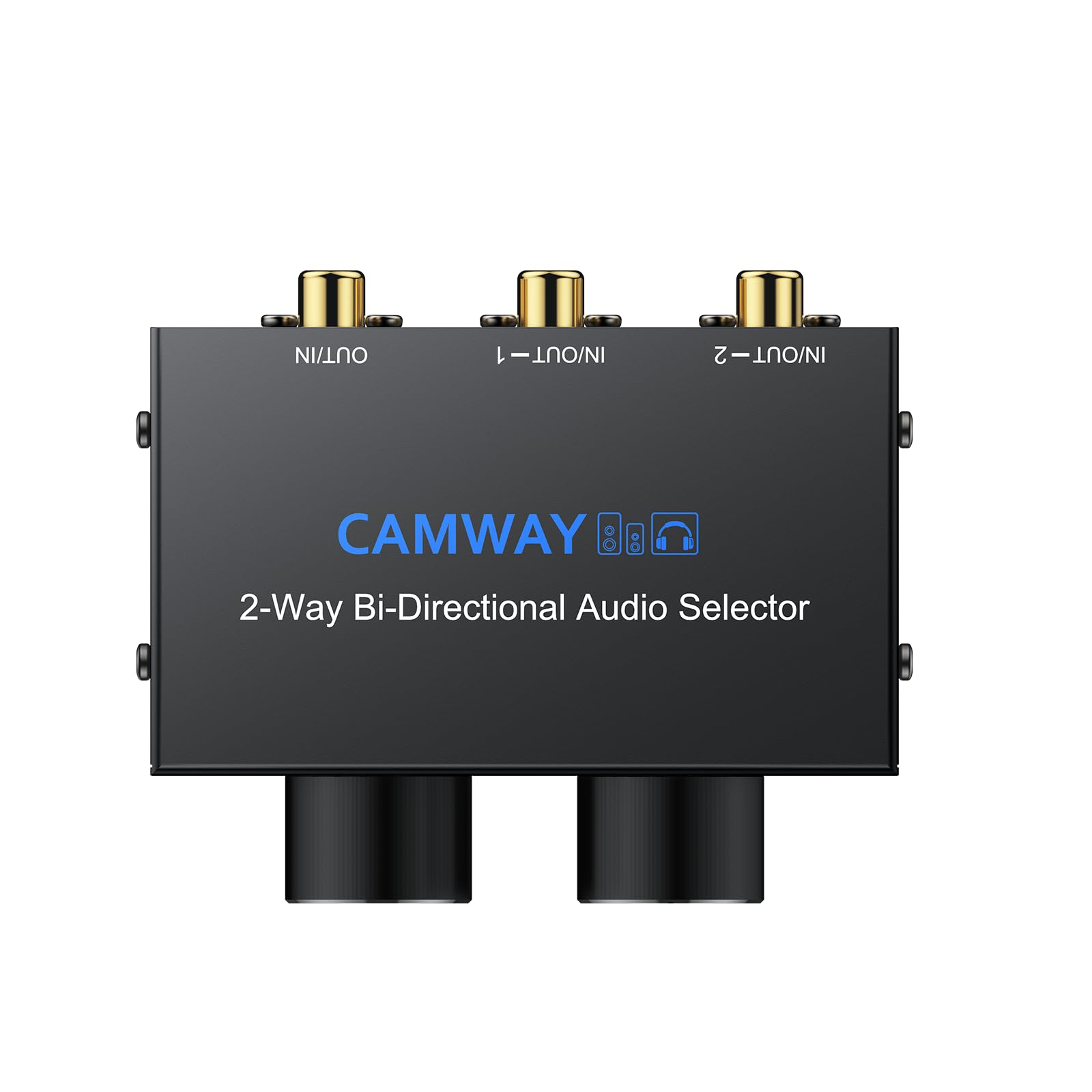 CAMWAY RCA L/R i pomocniczy przełącznik audio 3,5 mm, wyjście 2 w 1, 1 w 2 wyjściach, dwukierunkowy przełącznik audio stereo z regulacją głośności i pokrętłem wyłączania