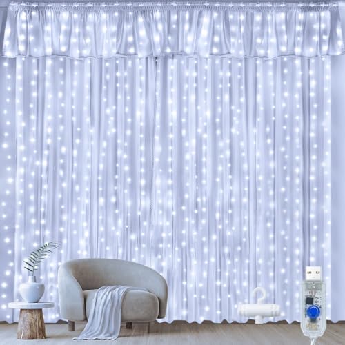 Ollny Curtain Lights Indoor Outdoor, 300LED 3mx3m Christmas Window Fairy Lights, Waterfall Hanging String Light Waterproof with USB 8 Modes for Bedroom/Wedding/Party/Xmas Decorations, Cool White