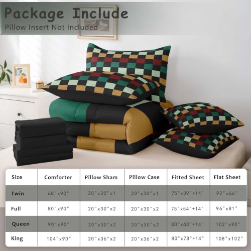 Image of Checkered Retro Comforter Set With Sheets 7 Piece Twin Size Green Red Yellow Plaid Bedding Set for Kids Boys Girls Geometric Vintage Bed in a Bag Modern Simple Groovy Aesthetic Room Decor Soft