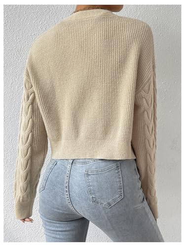 Image of MakeMeChic Women's Two Piece Outfit Cable Knit Cropped Cardigan Sweater and Cami Crop Top Set Apricot Medium