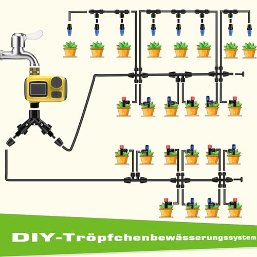 Deepoter Bewässerungssystem 80 teilig mit Bewässerungscomputer Regenverzögerung(1–15 Tage), Kindersicherung LCD Display 25m+25m Schlauch einstellbare Zeiten(10/20/120min), für Garten Rasen Terrasse