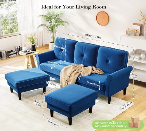 Image of Kidirect Small Sectional Couch, 83 inch U Shaped Couch, Comfy Velvet Couches for Living Room, Tool-Free Setup Modular Sectional Sofa, 850lbs Load Sofas for Living Room with 2 Movable Ottomans, Blue Couch
