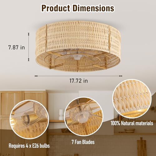 Image of Caged Ceiling Fans with Light,Rattan Flush Mount Ceiling Fan with Light and Remote Control, Boho Fandelier Ceiling Fan 6 Speeds for Bedroom, Living Room, Kitchen, Nursery, Porch