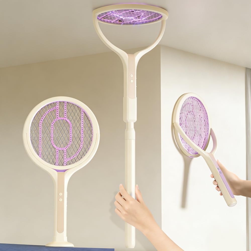 Rotating Head Electric Fly Zapper, 1200mAh Rechargeable Fly Swatter with Telescopic Extension Wand, 3000V Electronic Bug Zapper for Indoor and Outdoor Mosquito, Bug (Beige)
