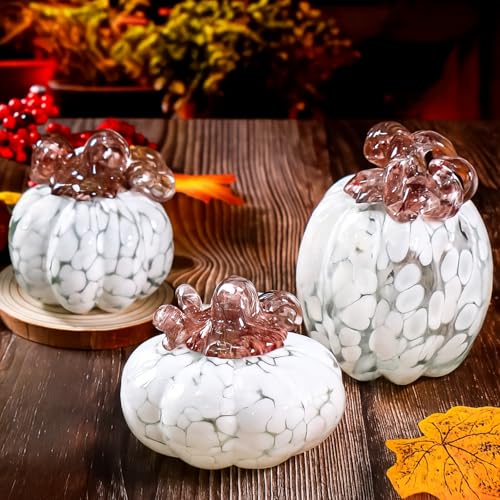 Geelin 3 Pcs Hand Blown Glass Pumpkin Figurine Autumn Crystal Glass Pumpkin Collectible Ornaments for Tabletop Thanksgiving Halloween Fall Harvest Decorations (White)