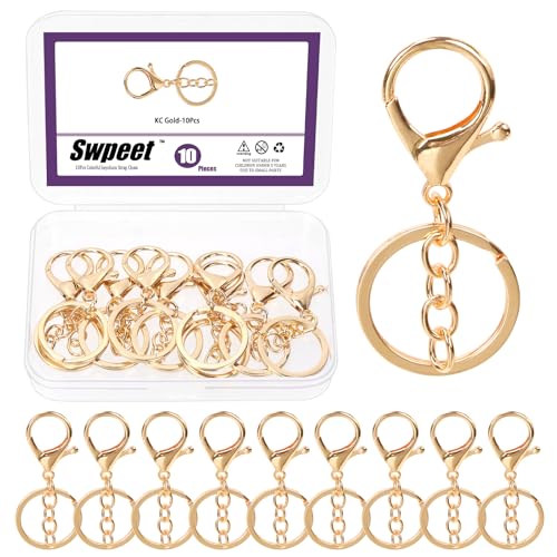 Swpeet 10Pcs Light Gold Lobster Claw Clasps with Key Chain and Flat Split Keychain Ring Assortment Kit, Swivel Clasps Hook Clips Swivel Snaps Hooks for Purse Strap Keychain DIY Crafts