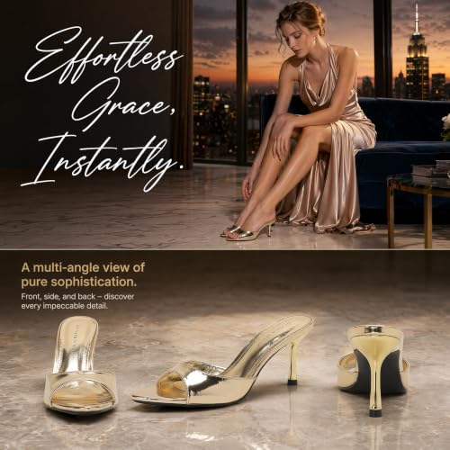 Image of On feet& in love Women's Slip-On Stiletto Heel Mule Sandals, Peep Toe, apricot, 2.95 Inch Heel, Casual Party Wedding Slides