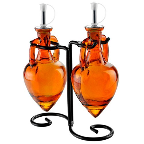 Orange G225VF Olive Oil Vinegar Dish Wash Soap Dispensers, Decorative Colored Glass Cruet Bottles with Cork, Spout and Black Metal Stand. Romantic Decor & More