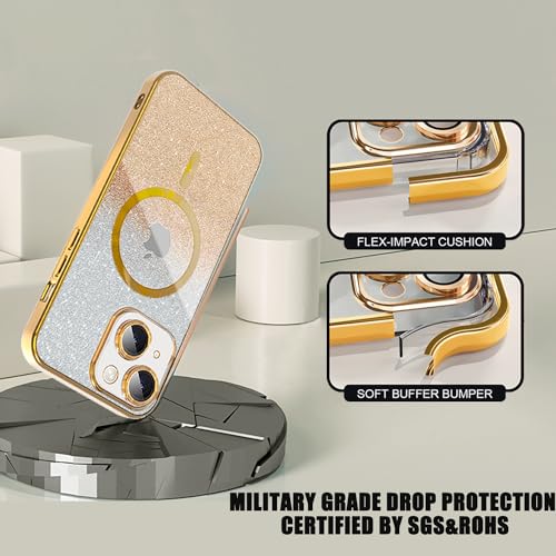 Image of Misscase for iPhone 15 Magnetic Glitter Case Compatible with MagSafe,Camera Lens Protector Full Protection Elegant Anti-Scratch Dust-Proof Net Case Cover for iPhone 15 Gold
