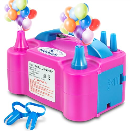 Bomba de aire eléctrica para globos Anordsem: carcasa de plástico polipropileno con boquilla doble - inflado rápido para todos los globos en casa - máquina sopladora con atador/cinta para decoración de fiesta DIY para padres miniatura 1