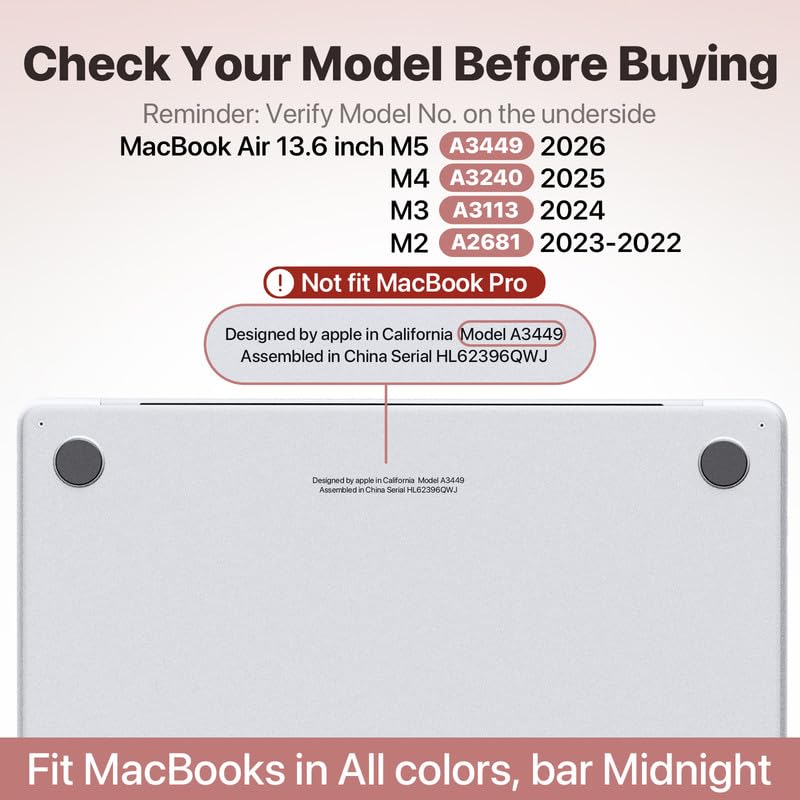 Image of Soonjet for MacBook Air 13 inch Case, M5 M4 M3 M2, 2022-2026 A3449 A3240 A3113 A2681, Color Matched, Snap-On Design, Fingerprint & Scratch Resistant, Hard Shell Protective Matte Cover for Mac Air 13.6