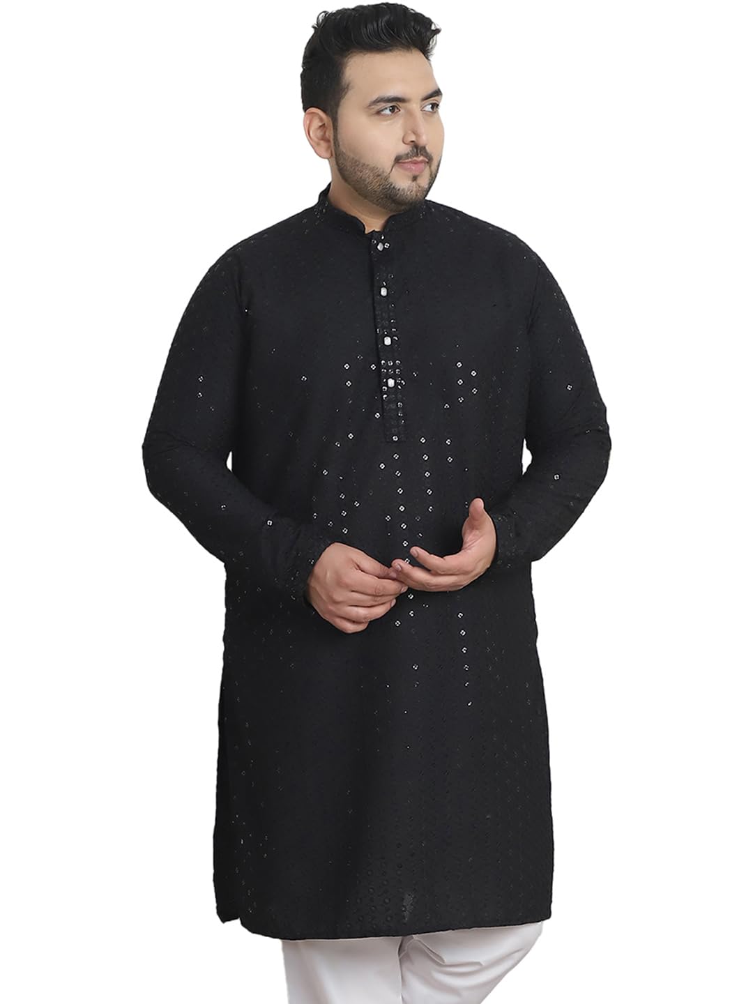Sojanya Plus (Since 1958) Men's Cotton Sequinned Embroidered Black Long Kurta