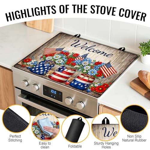 Image of Stove Top Covers for Electric Stove, Glass Stove Top Cover 28.5x20.5 in | Heat Resistant, Non-slip, Use on Electric or Ceramic Stove Protector, Dish Drying Mat, Country Floral and Flag Kitchen Decor