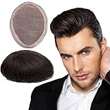 Lishy Toupee for Men 6”x8” European Virgin Human Hair Replacement Systems Men’s Hairpiece Mono Lace Top with Durable PU Around Medium Light Density Natural Black Color