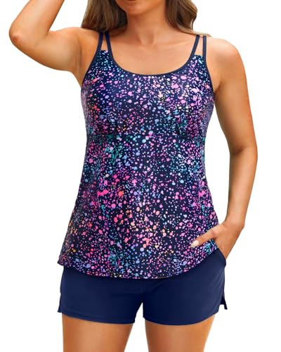 Image of Tempt Me Two Piece Tankini Swimsuits for Women Tummy Control Bathing Suit with Shorts Athletic Two Side Pockets Swimwear