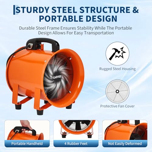 Ventilador Extractor Industrial Portátil de 8 pulgadas, con Manguera Flexible de 16,4 pies, Ventilador de Extracción/Aire para Sótanos, Talleres y Almacenes, 1100 CFM y Bajo Ruido miniatura 4