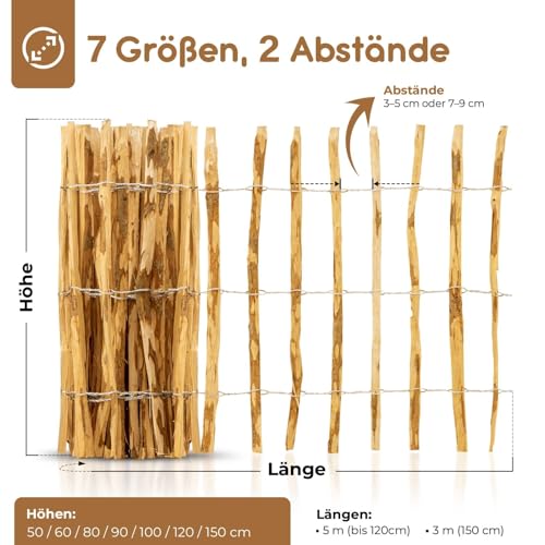 BooGardi Staketenzaun 80 cm hoch · Holz-Zaun Garten in 14 Größen · Gartenzaun Holz Sichtschutz · Jägerzaun Teichzaun Holzzaun Bauernzaun · 80cm x 5m · Lattenabstand 3-5cm