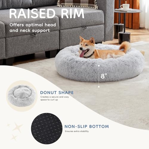 DUMOS 37.4x37.4 Inch Calming Donut Dog Beds for Large Dogs, Machine Washable Cuddler Warming Cozy Fluffy Faux Fur Plush Round Pet Bed Medium Sized Bed for Indoor Dogs and Cats, Grey by DUMOS - Image 3