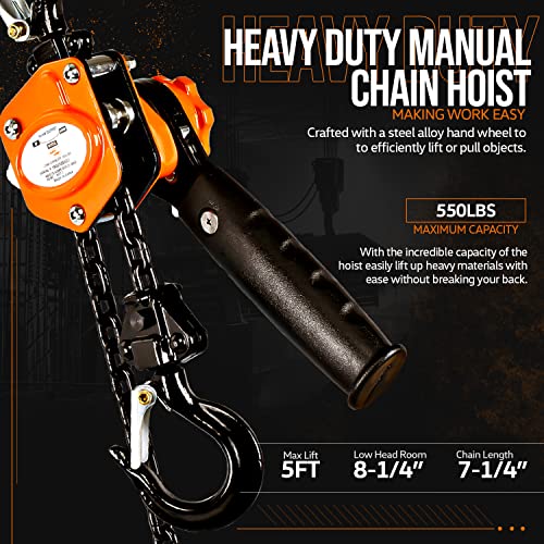 Superhandy Manual Chain Hoist Come Along 1/4 Ton 550Lbs Capacity 5' Foot Lift 2 Heavy Duty Hooks Commercial Grade Steel Construction Building Garages Warehouse Automotive Machinery #TOP1