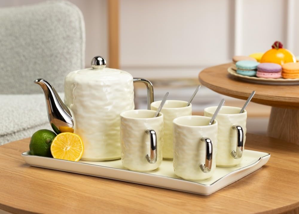 Service à café en céramique pour 4 personnes – Set avec théière, 4 tasses et plateau de service – Service à café en faïence crème – Idéal pour le service à café ou à thé