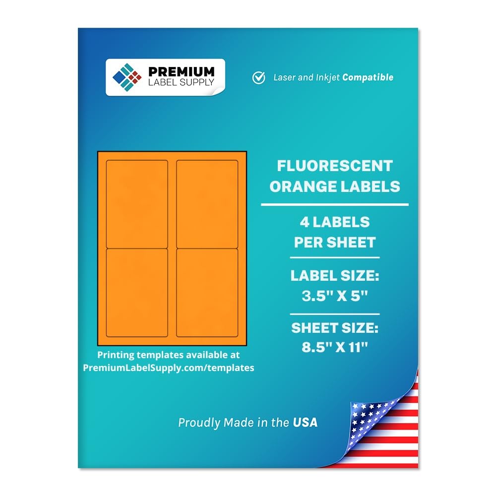 Premium Label Supply Bright Neon Color Fluorescent Sticker Labels - 3.5" x 5" Labels - (Fluorescent Orange, 100 Labels)