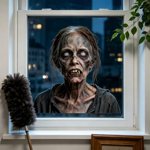 Halloween Scary Zombie Window Cling Sticker, Female Zombie Looking Outside Windows Sticker Creepy Haunted House Glass Decal Decor for Halloween Party Indoor Outdoor Window Door Decorations