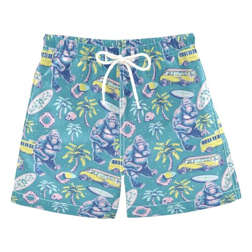 ALAZA Funny Gorilla Palm Tree Bus Boys Quick Dry Beach Board Shorts Kids Swim Trunks Bathing Suit Swimsuit