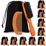 10 Sets Natural Boar Bristle Brush, Pear Wood Dual Sided Wide Tooth Comb with Travel Pouch - Beard Grooming Kit for Men's Beard Care, Valentine Gift (Long Handle)