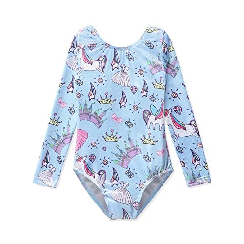 HOZIY Gymnastics Leotards for Girls Unicorn Pink Purple Sparkly Dancewear Activewear Quick Dry 9-10 Years Long Sleeve-castle Unicorn