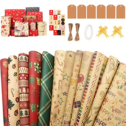Geschenkpapier Weihnachten,12 Blatt Kraft Weihnachtspapier Geschenkverpackung,Weihnachtsgeschenkpapier,Geschenkverpackung für Weihnachten Papier Cover