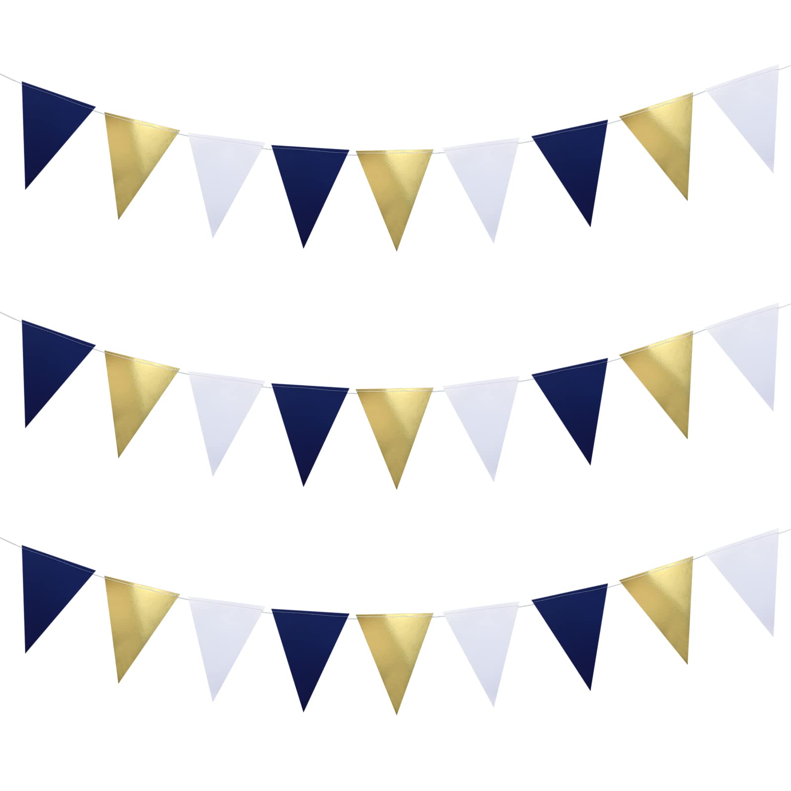 Guzon 30 Feet Navy Blue Gold White Party Decorations,Hanging Glitter Paper Triangle Flag Pennant Banner for Bachelorette Engagement Wedding Party