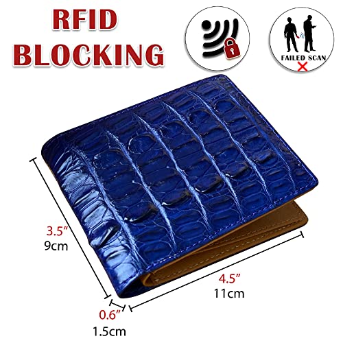 Image of HATA Navy Blue Exotic Bifold Leather Wallet with Hidden Compartment, Men's Minimalist RFID Blocking Wallet with ID Window & Credit Card Holder, Men Handmade Gift for Birthday, Father's Day VINAM-107