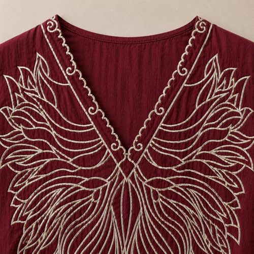 Image of RIEKA Women's Embroidered Top for Women, Maroon V Neck Rayon, 3 /4 Sleeve Casual Loose Fit Tunic, Boho Blouse for Women, Korean Style