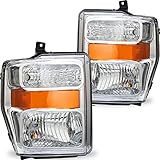 SOCKIR Headlight Assembly Set Compatible with 2008-2010 Ford F-250 F-350 F-450 F-550 Super Duty OE Style Headlamp Replacement Passenger and Driver Side (Chrome Housing with Amber Reflector)